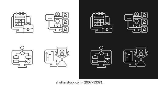 Online work tracking linear icons set for dark and light mode. Video conference. Work monitoring tools. Customizable thin line symbols. Isolated vector outline illustrations. Editable stroke