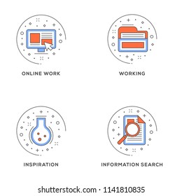 Online work, working, inspiration, information search. Set of 4 flat line icons. Flat line illustration concept for web banner and printed materials. Vector illustration