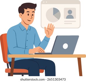 Online worker in front of laptop flat design 