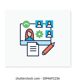 Online workflow color icon. Work meeting together concept. Corporative streaming website. Live stream. Social distanced working. Remote management. Isolated vector illustration