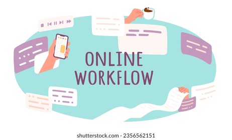 Online workflow communication poster. Many apps with messages, friends hands holding mobile phone, document communicating. Internet communication work chat technology concept flat vector illustration