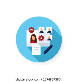 Online workflow flat icon. Work meeting together concept. Corporative streaming website. Live stream. Social distanced working. Remote management. Isolated color vector illustration with shadow