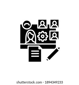 Online workflow glyph icon. Work meeting together concept. Corporative streaming website. Live stream. Social distanced working. Remote management. Isolated silhouette vector illustration