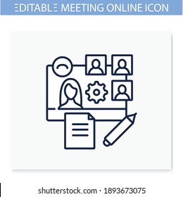 Online workflow line icon. Work meeting together concept. Corporative streaming website. Live stream. Social distanced working. Remote management. Isolated vector illustration. Editable stroke