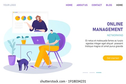 Online workflow managemant networking, business network, laptop work, internet office, design cartoon style vector illustration. Website for work, successful strategy management, business teamwork.