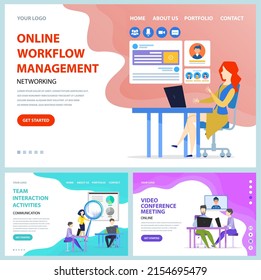Online workflow management, customers attraction concept. People communicate by video conference meeting concept. Team interaction activity. Website or webpage template, landing page flat style