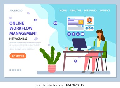 Online workflow management landing page. Woman works remotely. Distance job during quarantine. Video conference with colleagues, networking. Concept of home office. Stay at home and work remotely