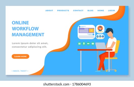 Online workflow management person working with laptop at desktop. Male communicating with computer wireless device and profile icon. Website or webpage template, landing page flat style vector