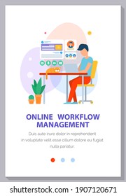 Online workflow management person working with laptop at his workplace. Website landing page template flat vector illustration. Male communicates using computer wireless device and profile icon