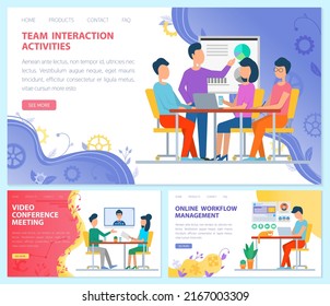 Online workflow management, team interaction activities and video conference website templates. Set of web pages with people working on optimization. Business planning, marketing strategy concept