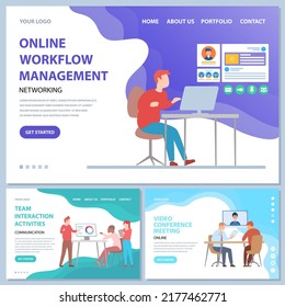 Gestión de flujos de trabajo en línea, actividades de interacción de equipo y videoconferencia utilizando nuevas tecnologías. Conjunto de plantillas de sitios web de negocios. Personas que trabajan en la introducción de Internet en los negocios