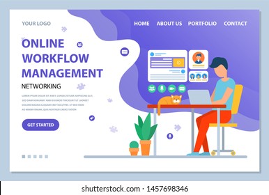 Online workflow management vector, person working on laptop with pet sleeping on table. Office with computer and plants growing in small pots. Website or webpage template, landing page flat style