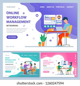 Online workflow management video conference meeting with help of computers vector. Modern vector illustrations, digital communication and interaction between workers of companies, flat style