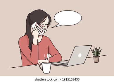 Online working, communication, remote work concept. Young smiling woman cartoon character working online talking on phone and looking at laptop at table with cup of coffee illustration 