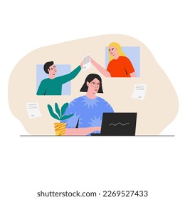 Concepto de trabajo en línea. Trabajo remoto. Vector de mujeres trabajando en laptop y dos personas en el intercambio de documentos de fondo. Gente reuniéndose con ilustraciones en línea. Control remoto de videoconferencia. Trabajo desde casa 