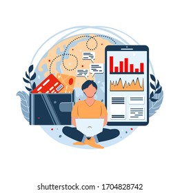 Online working concept. Young man sitting with laptop and working out of office. Work with financial exchanges, track Exchange rates. Receiving money on a bank card. Vector illustration in flat style