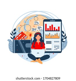 Online working concept. Young woman sitting with laptop and working out of office. Work with financial exchanges, track Exchange rates. Receiving money on a bank card. Vector flat illustration 
