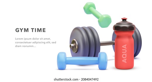 Online workout banner concept with 3d realistic dumbbells isolated on white background. Vector illustration - Shutterstock ID 2084047492