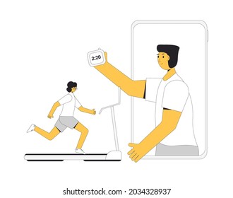 Online workout with coach.  Running man on treadmill at home. Fight against hypodynamia. Vector illustration.