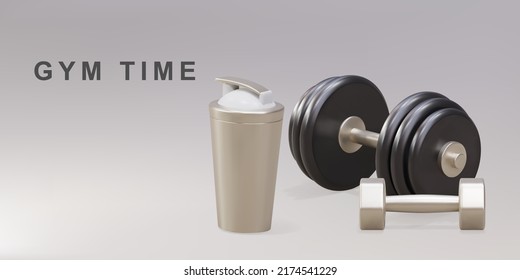 Online Workout Concept With 3d Realistic Dumbbells, Shaker Isolated On Gray Background. Vector Illustration.