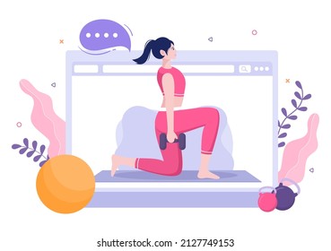 Online Workout Gym to People Exercising Lifting Dumbbells and Weight, Jogging on Treadmill, Sport, Wellness or Fitness in Flat Poster Background illustration