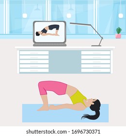 Online workout at home - girl doing stretching exercise - room, window, computer - vector. Quarantine. Stay home. Mental health