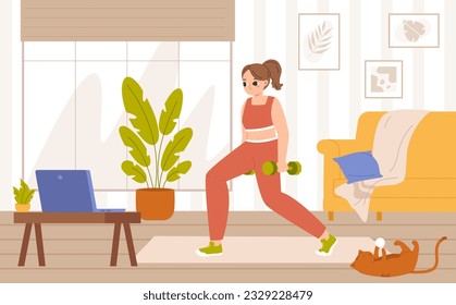 Online workout at home. Gym in living room with laptop, virtual fitness training. Video sport lesson, girl athlete doing exercises snugly vector scene