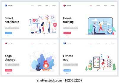Online workout home training app vector illustrations. Cartoon flat design template set, mobile website interface for healthcare or sport fitness applications, healthy home yoga practice with trainer