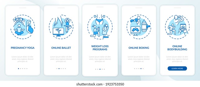 Online workout programs onboarding mobile app page screen with concepts. Yoga, weight loss, ballet walkthrough 5 steps graphic instructions. UI vector template with RGB color illustrations