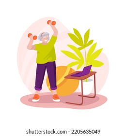 Online workout for seniors isolated cartoon vector illustration. Aged woman having online training, seniors workout at home, people active lifestyle, physical activity vector cartoon.