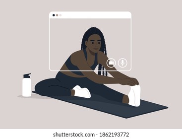 An online workout session, a young female Black character doing a hamstring stretch, sport and well being