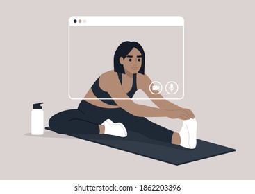 An online workout session, a young female character doing a hamstring stretch, sport and well being