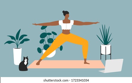 Online Workout. Woman Doing Yoga At Home, Watching Tutorials On A Laptop. Sport Exercise In A Cozy Interior. How To Keep Fit Indoors. Flat Vector Illustration