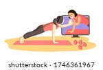 Online workout. Woman training together with coach by video call on computer. Virtual gym exersize. Vector for home activity - fitness, pilates, yoga
