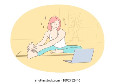 Online workout, yoga, pilates concept. Young happy woman cartoon character exercising and practicing yoga and meditation on fitness mat at home with laptop and distant lesson on screen 