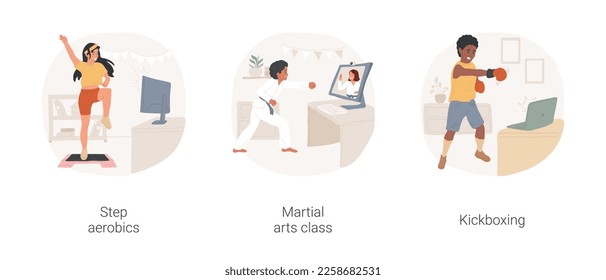 Online workouts isolated cartoon vector illustration set. Sporty young woman doing step aerobics, martial arts class, kid in kimono, practice kickboxing, physical activity indoors vector cartoon.