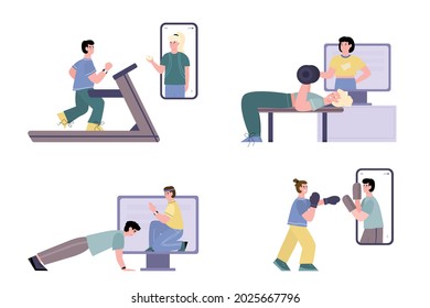 Online workouts with personal coaches on screen. Trainers help people with physical exercises, power, cardio and weightlifting trainings at fitness equipment in gym or home. Vector