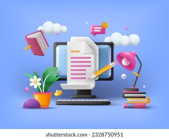 Online workplace. 3D digital education. University exam. Homework in internet school. Render computer on desk. Document and studying books. College training. Vector exact realistic concept