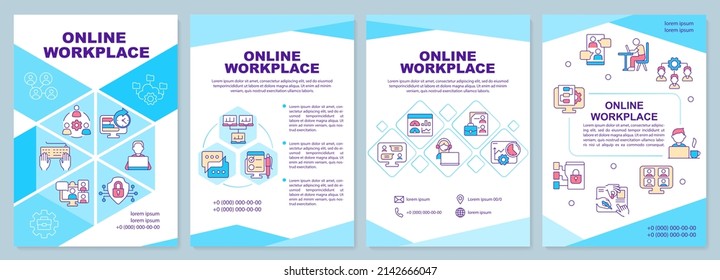 Online Workplace Blue Brochure Template. Virtual Office Building. Leaflet Design With Linear Icons. 4 Vector Layouts For Presentation, Annual Reports. Arial-Black, Myriad Pro-Regular Fonts Used