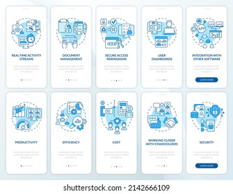 Online workplace blue onboarding mobile app screen set. Virtual office walkthrough 5 steps graphic instructions pages with linear concepts. UI, UX, GUI template. Myriad Pro-Bold, Regular fonts used