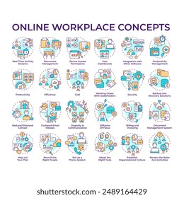 Online workplace multi color concept icons. Managing online work environments. Corporate software. Remote work organization. Icon pack. Vector images. Round shape illustrations. Abstract idea