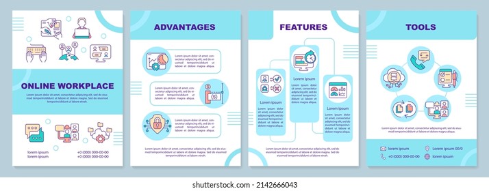 Online workplace organization blue brochure template. Remote office. Leaflet design with linear icons. 4 vector layouts for presentation, annual reports. Arial-Black, Myriad Pro-Regular fonts used