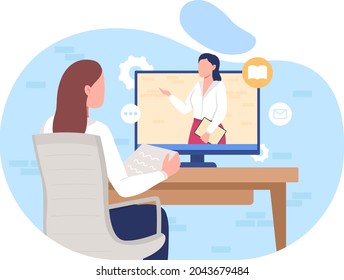 Online workshop 2D vector isolated illustration. Distance course on business. Streaming video on professional training. Learning flat characters on cartoon background. E-learning colourful scene