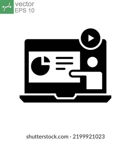 Online workshop glyph icon. Webinar, meeting education. Virtual learning courses. Teacher talking on Video player class streaming. Flat style Vector illustration. Design on white background. EPS 10