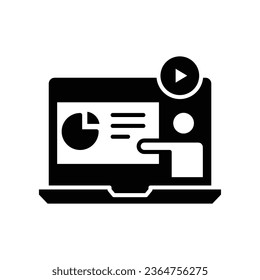 Online workshop glyph icon. Webinar, meeting education. Virtual learning courses. Teacher talking on Video player class streaming. Flat style Vector illustration. Design on white background. EPS 10