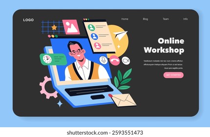 Online workshop illustration featuring a virtual classroom setting. Engaging content with visuals of a teacher and collaborative tools. Effective online learning and interaction methods. Vector