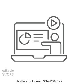 Online workshop line icon. Internet Tutorials, virtual education training in laptop of distanced meeting. online sales courses. Editable stroke. Vector illustration. Design on white background. EPS 10
