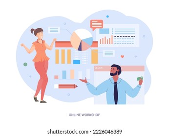 Taller en línea, capacitación del personal de oficina para aumentar las ventas y habilidades. Pensamiento en equipo, lluvia de ideas, análisis de información. Educación digital, educación interna, vector de caricatura de entrenadores de negocios