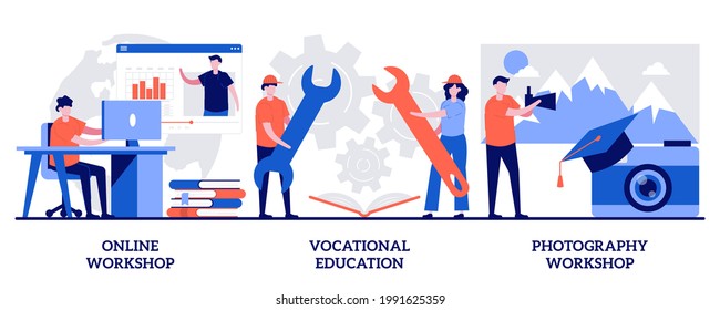 Online workshop, vocational education, photography workshop concept with tiny people. Internet learning abstract vector illustration set. Certificate gaining, photographer training courses metaphor.