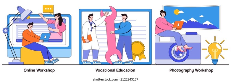 Online workshop, vocational education, photography post processing concept with people character. Professional learning vector illustration set. Portfolio creation, student group, college metaphor.